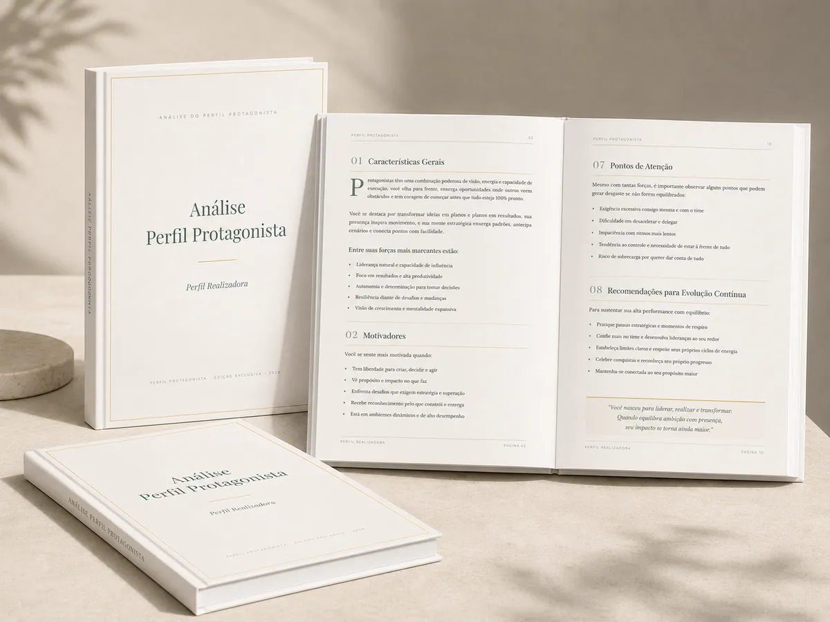 Mockup da Análise de Perfil Protagonista: relatório impresso com capa elegante e páginas internas