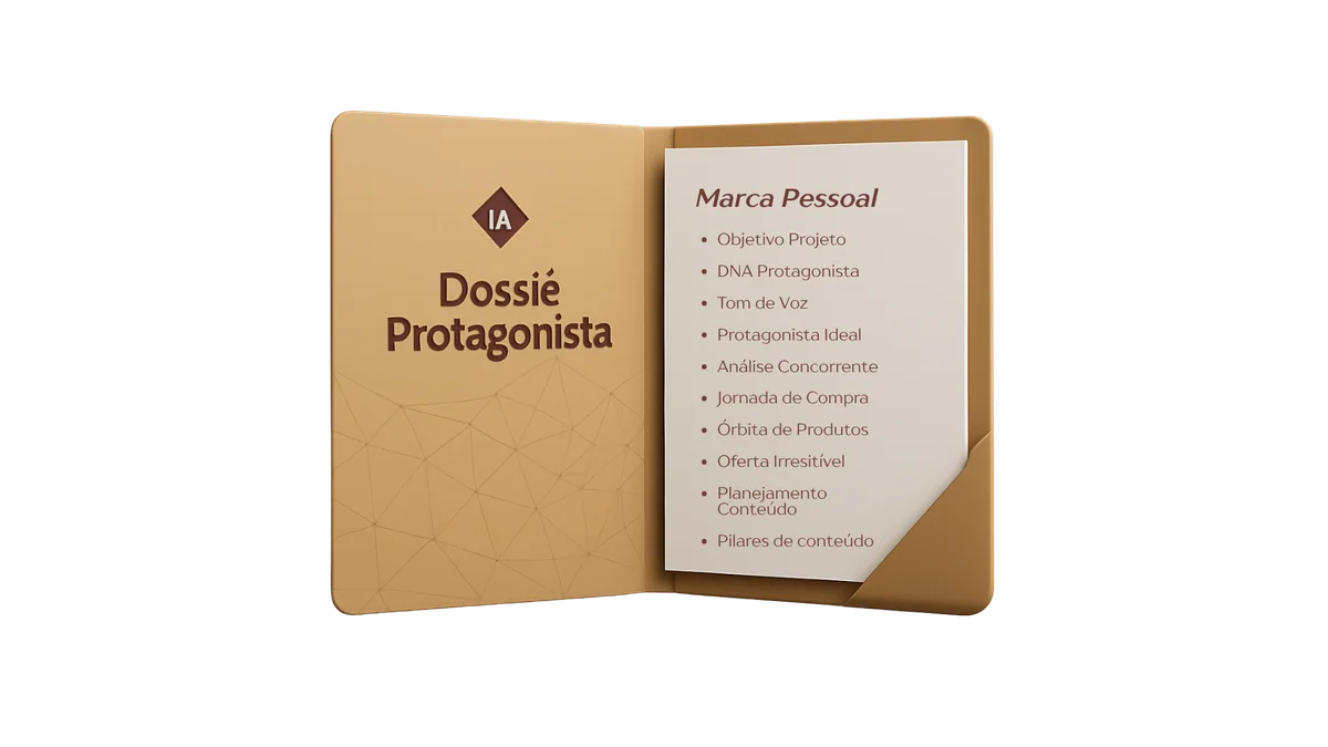 Mockup do Dossiê Protagonista: pasta corporativa dourada com selo IA